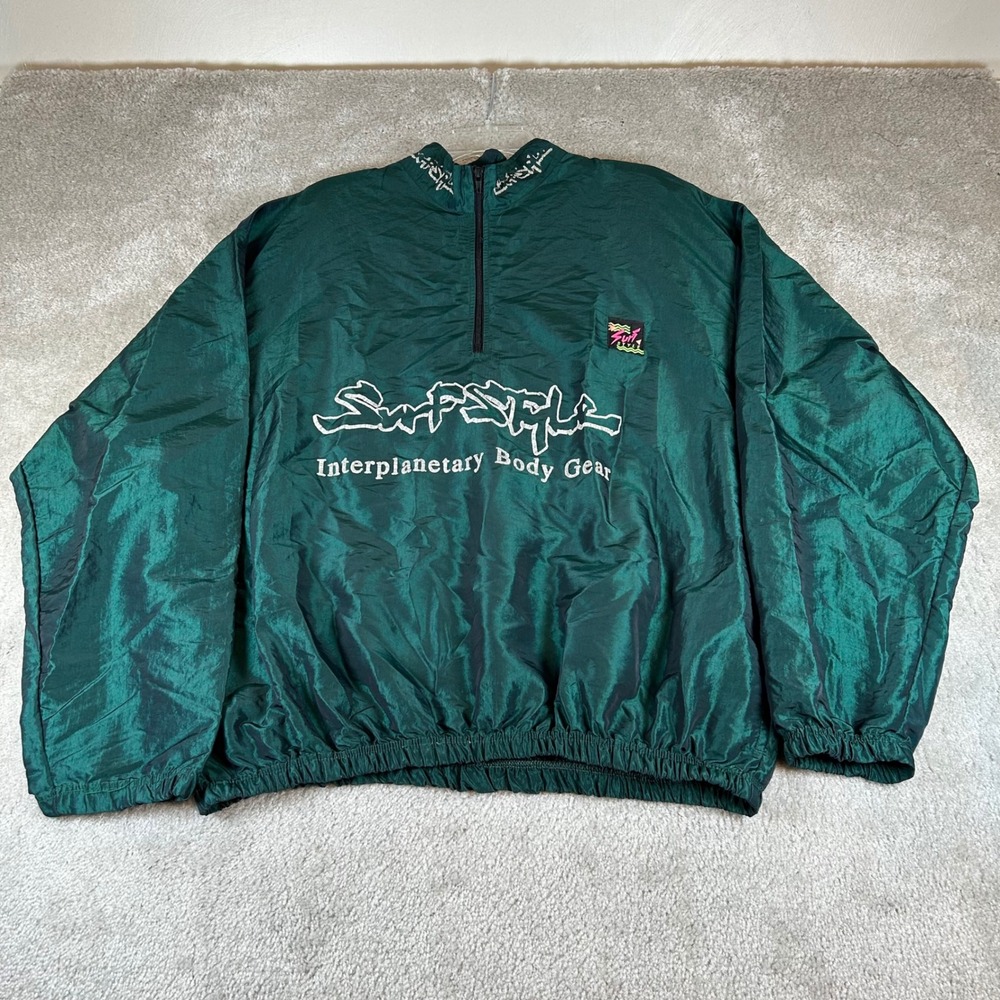 Surf Style Windbreaker Mens XL Green Interplanetary Body Gear 90s Iridescent USA